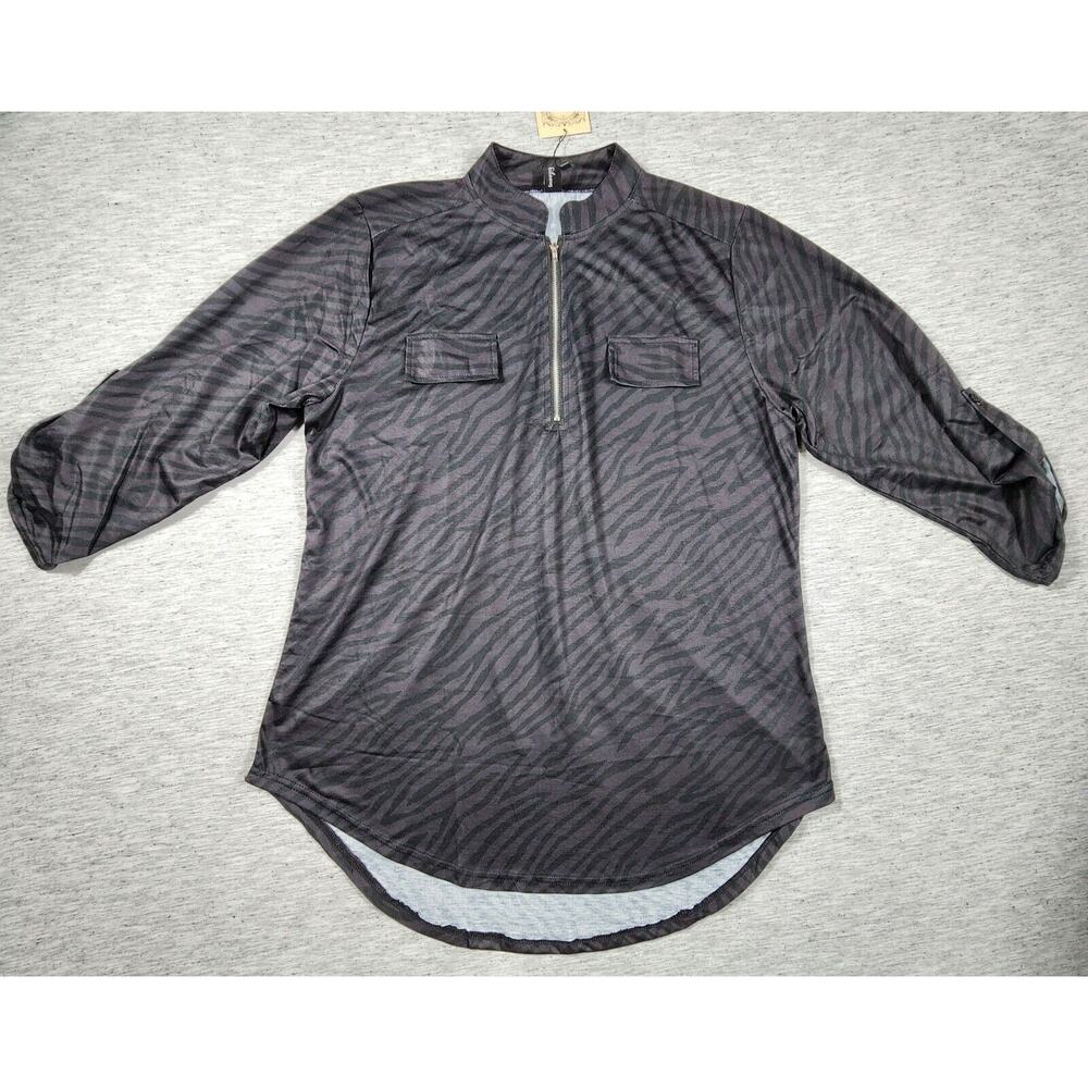 Zebra Print Roll Up 3/4 Sleeve Tunic V Neck Zip Up Pullover Shirt Womens Size XL